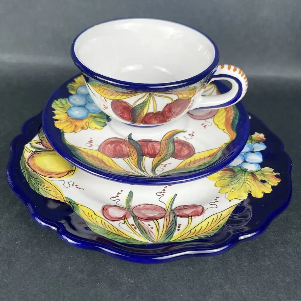 Italian Hand Painted Ravello Pottery Cup Saucer Plate Set Da‎ Lena Fruit Design